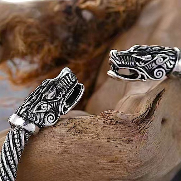 Silver Viking Wolf Head Twisted Norse Arm Band Cuff Bangle Bracelet Men Women - Picture 2 of 6